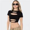 European and American Style Summer New Women's Clothing Solid Color Slim-fitting Navel Fashion Round Neck Hollow Short-sleeved T-shirt Women
