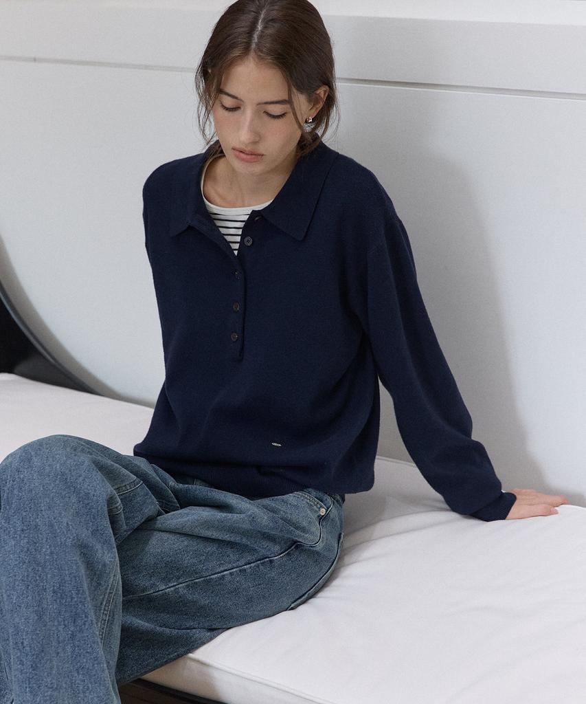 OURHOPE Essential Button Collar Knit - Navy