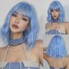 Short Bob Gray Purple Synthetic Wigs with Bangs Curly Cosplay Purple Ombre Wig for Women Afro Natural Wave Hair Heat Resistant