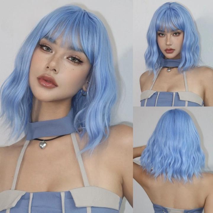 Short Bob Gray Purple Synthetic Wigs with Bangs Curly Cosplay Purple Ombre Wig for Women Afro Natural Wave Hair Heat Resistant