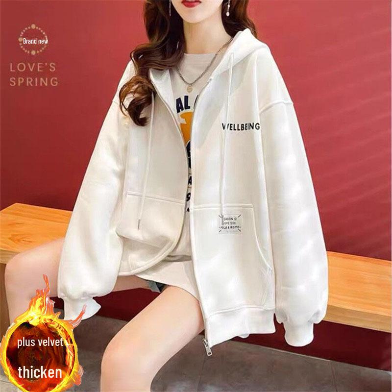 Chinese Cotton Silver Fox Velvet Hooded Cardigan Sweater with Back Collar and Print.