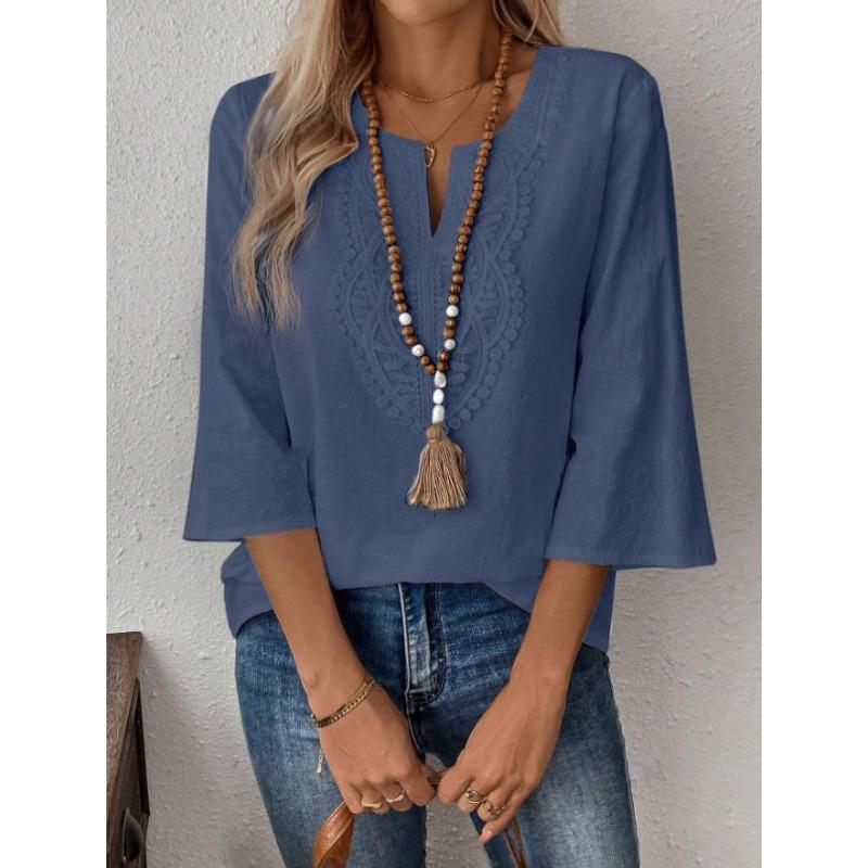 BITCED Women's Fashion Casual Solid Color Print O-Neck Blouses & Shirts