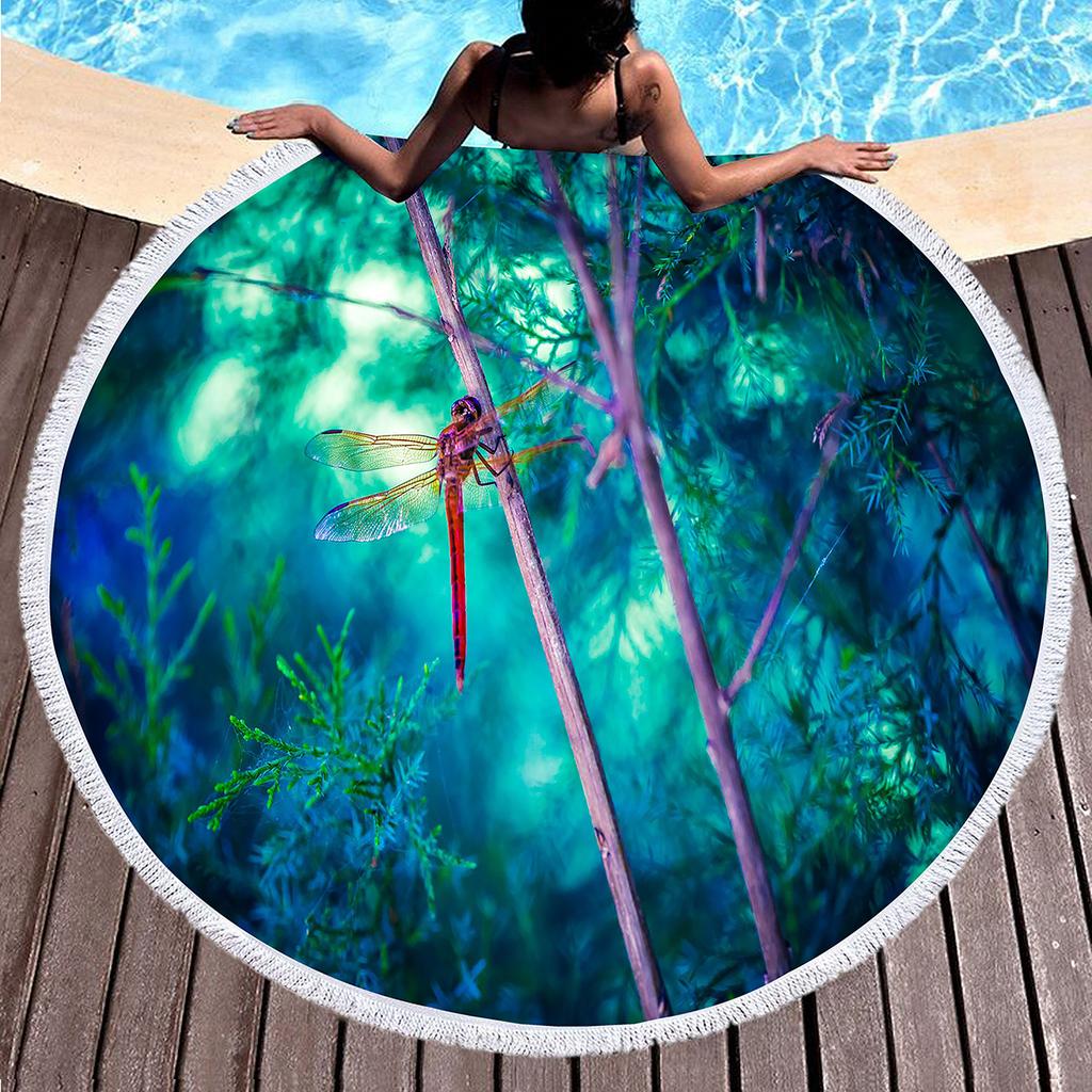 Dragonfly Round Beach Towel,Absorbent Quick Dry Sand Free Lightweight Travel Bath Towels,Round Throw Blanket for Swim Pool Gym