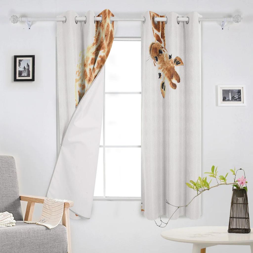 Fun Giraffe Animal White Blackout Curtains For Living Room Bedroom Window Treatment Blinds Drapes Kitchen Curtains