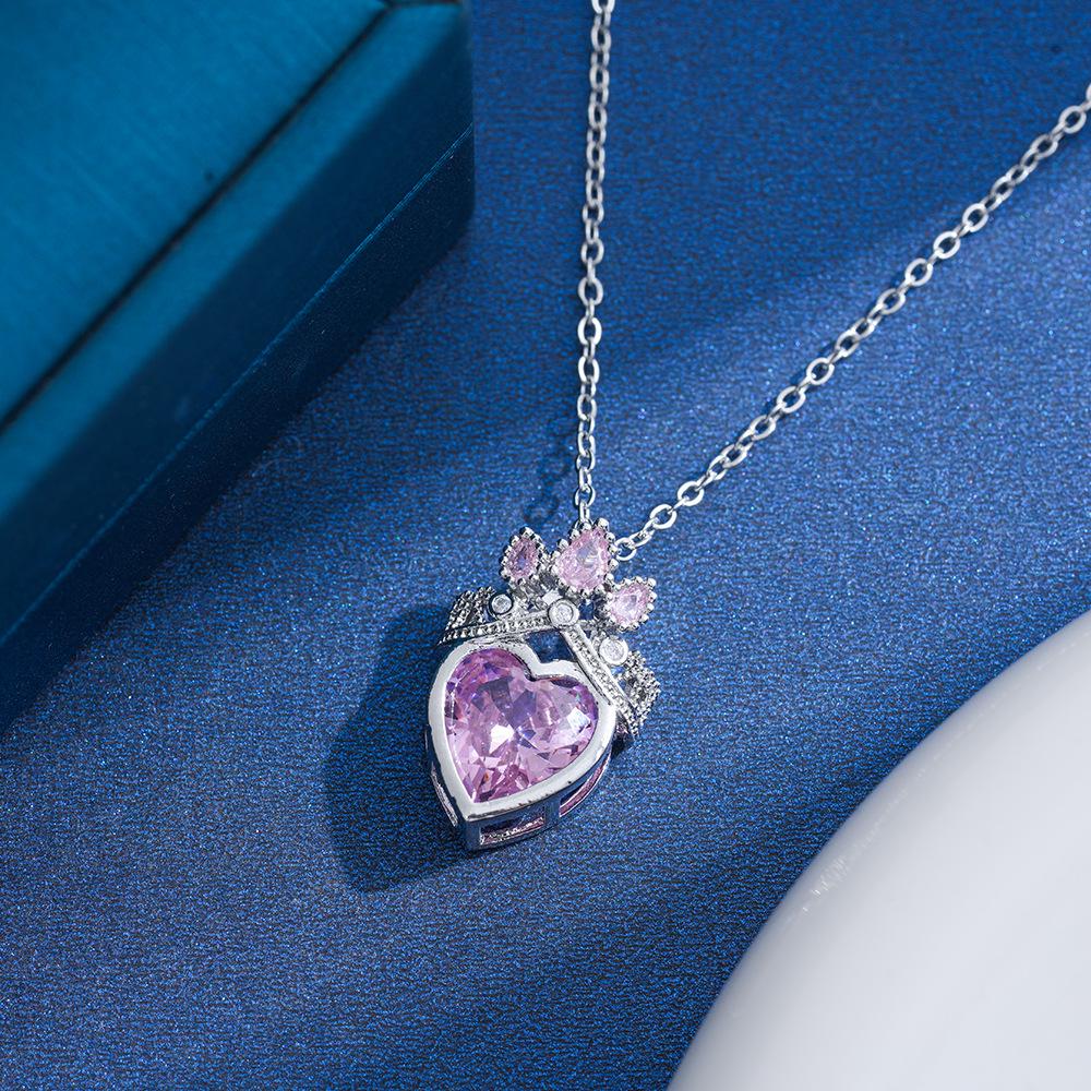 Pink Crown Heart Necklace with Titanium Steel Clavicle Chain - Elegant and Versatile Design.