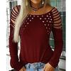 European Style Autumn Fashion Ladies O-neck Cutout Diamond Long-sleeved T-shirt