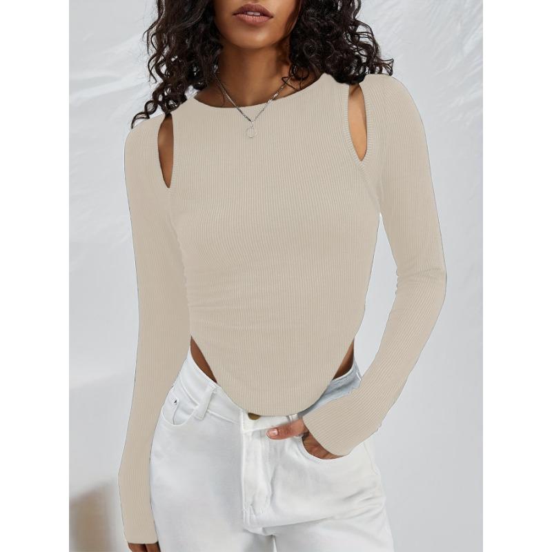 Spring and Autumn Women's Hollow Irregular Round Neck Knit Long Sleeve Sexy Fashion Top