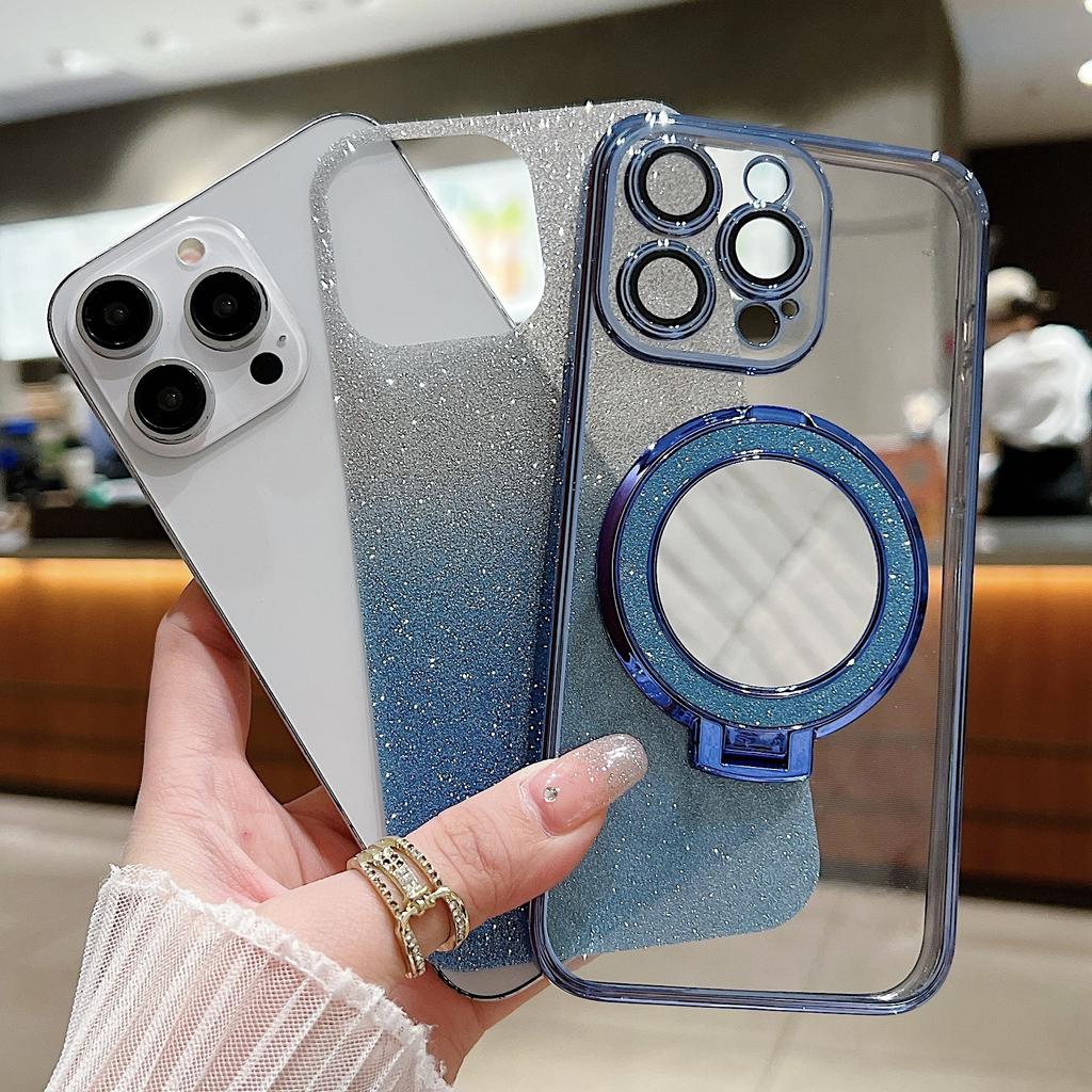 Applicable To iPhone16 Magnetic Makeup Mirror Mobile Phone Case Glitter Bracket 15 Apple 14Pro Electroplated Tpu Protective Case