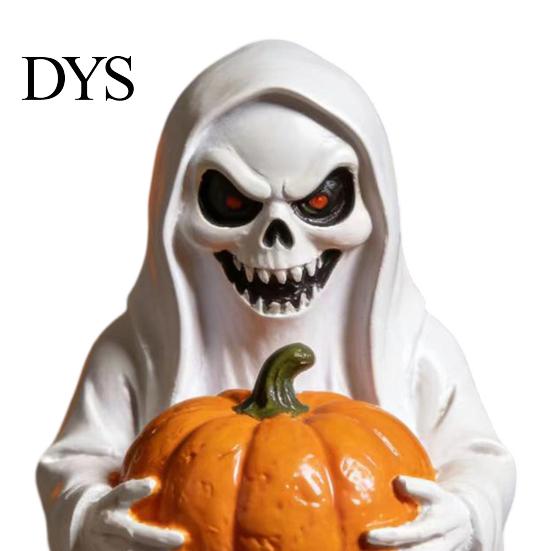 Halloween Party Props for Countertops White Ghost Pumpkin Resin Statue, Spooky Holding Mini Hand Painted Ornament Figurine Garden Yard Tabletop Mantel