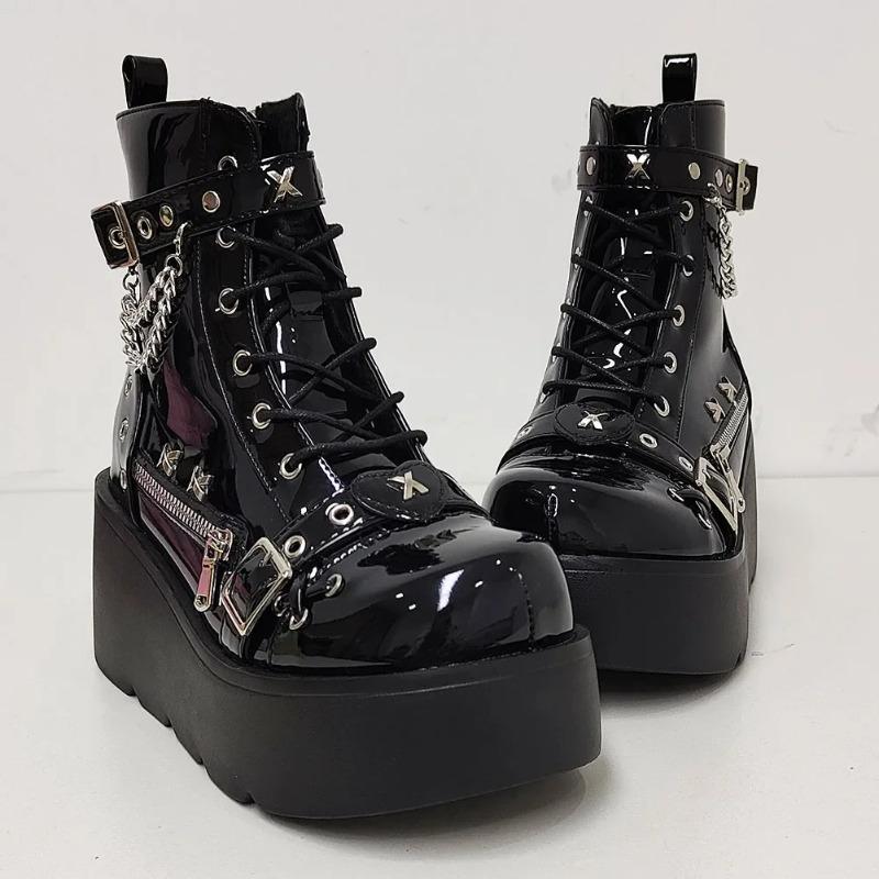 Botas de Plataforma Góticas Vampiro Cosplay Femininas de Cano Médio 2024 Inverno Cunhas Confortáveis Botas de Motocicleta Femininas