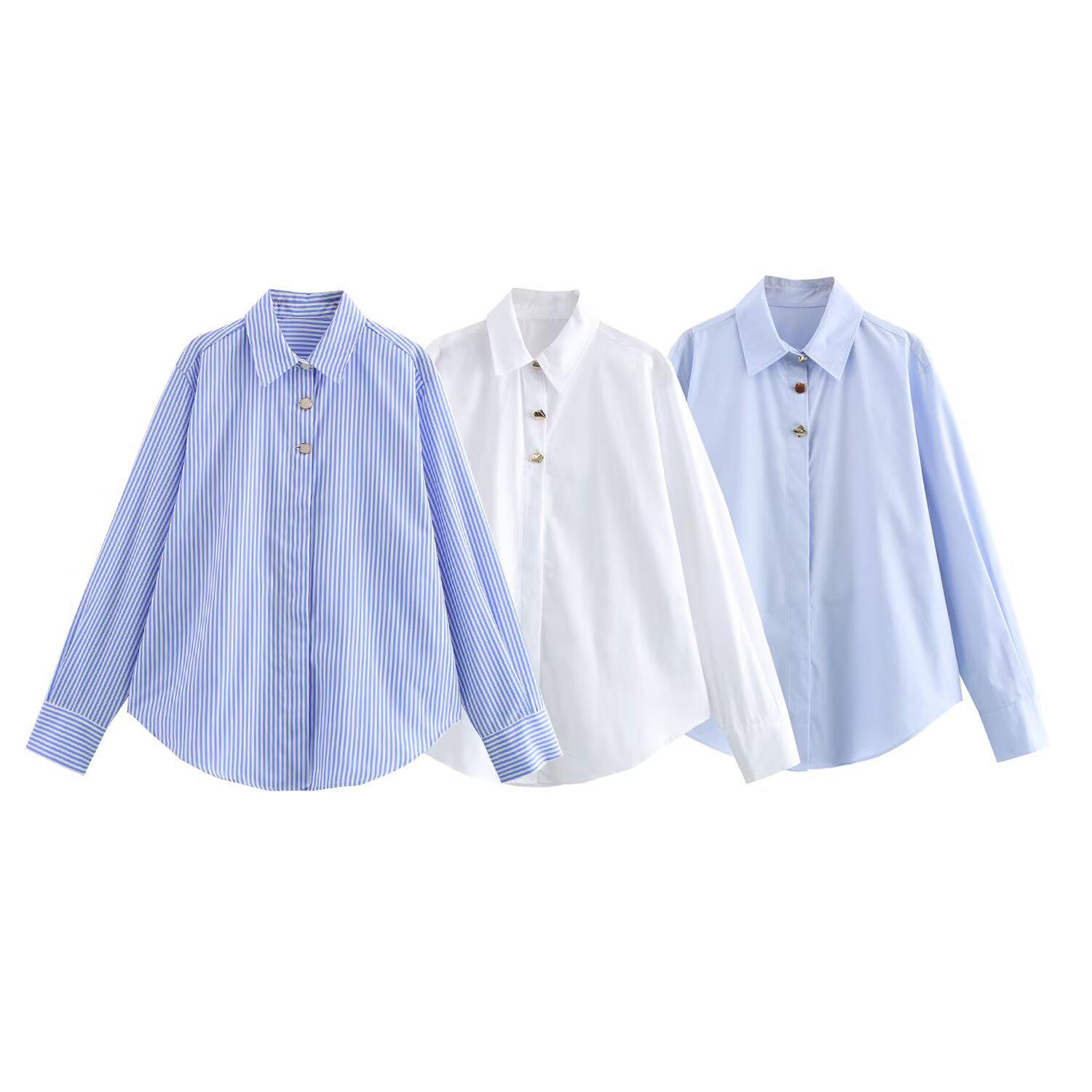 

2025 Spring Women s Striped Button-Up Commuter Shirt S синій
