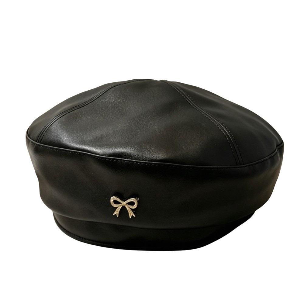 Bow Octagonal Hat Solid Color Painter Hat Fashion PU Leather Beret Ladies