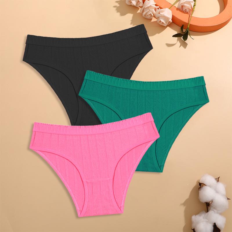 FINETOO 3Pcs/Set Cotton Striped Stretchy Underwear Women's Low Waist Panties Sexy Elastic Wide Belt Solid Color Briefs Comfort Lingerie