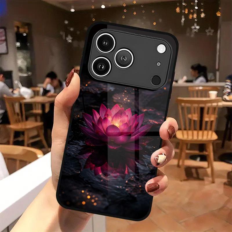 2D Night Lotus Pattern Phone Case for iPhone 17 16 15 14 13 12 11 X XR XS Max Pro 8 plus - Transparent Glass Protective Cover