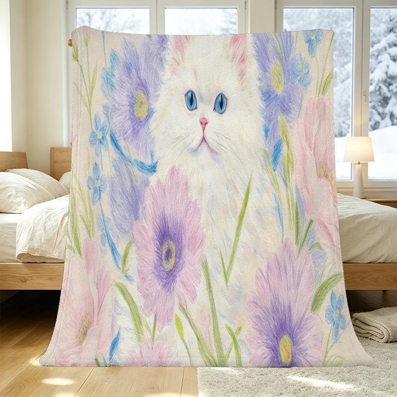 Cat & Floral Flannel Blanket – Lightweight Soft Skin-Friendly Throw for Home, Window Seat Decor, Christmas & Halloween