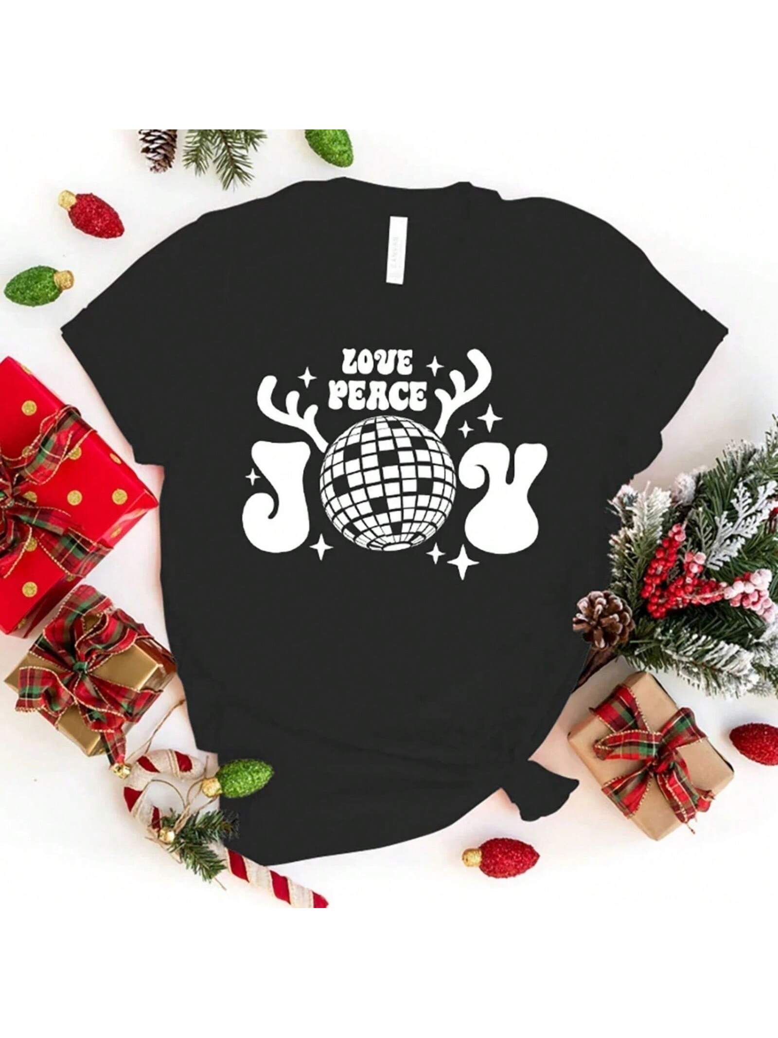 Women Fashion Christmas Love Peace Joy Letter Print T-Shirt Unisex Casual T Shirt Harajuku Soft Short Sleeve Round Neck Shirts S