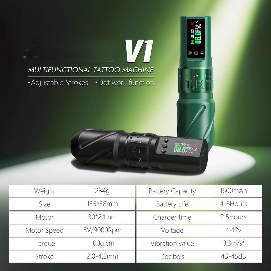 Bezdrátová rotační tetovací pistole Tattoo Pen Machine s 1600mAh baterií Smart Display, nastavitelná na 7 délek, různá tetování