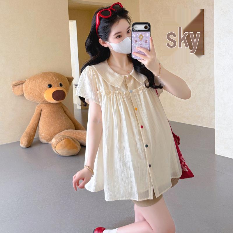 Korean-Style Petite Maternity Summer Set with Ruffle Doll Top & Belly Support Shorts