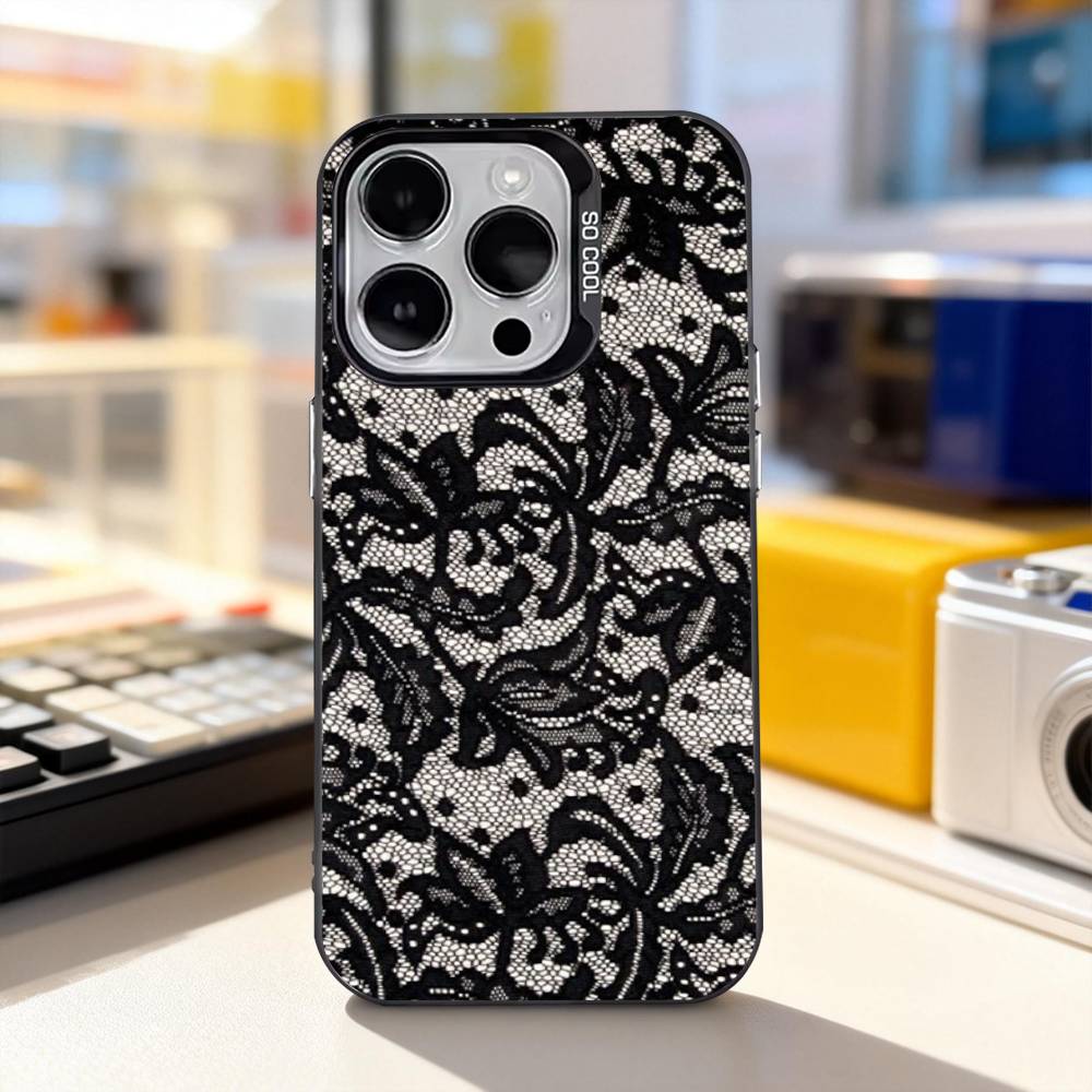 Lace Print Pattern Phone Case For iPhone 17,16,15,14,13,12,11,Pro,XS,Max,Plus,Mini,SE4,E Black Matte Shockproof Cover