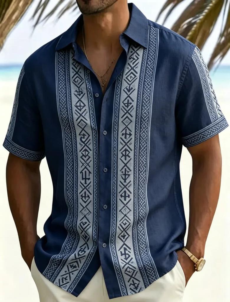 Men's Nautical Anchor Print Short Sleeve Shirt, Casual Summer Beach Shirt