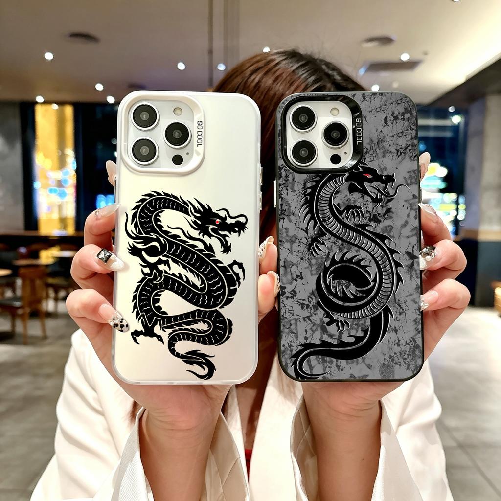 Color Phone Case For iPhone 17 16E 16 11 15 14 Pro MAX 12 13 MINI 7 8 Plus XR SE Silver Plated IMD Cover Black Dragon Fashion