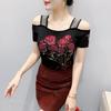 TrendHub Sexy Off Shoulder T Shirt for Women Luxury Flower Diamonds Short Sleeve Tee Summer Fashion Womens Mesh Tee Shirts Top