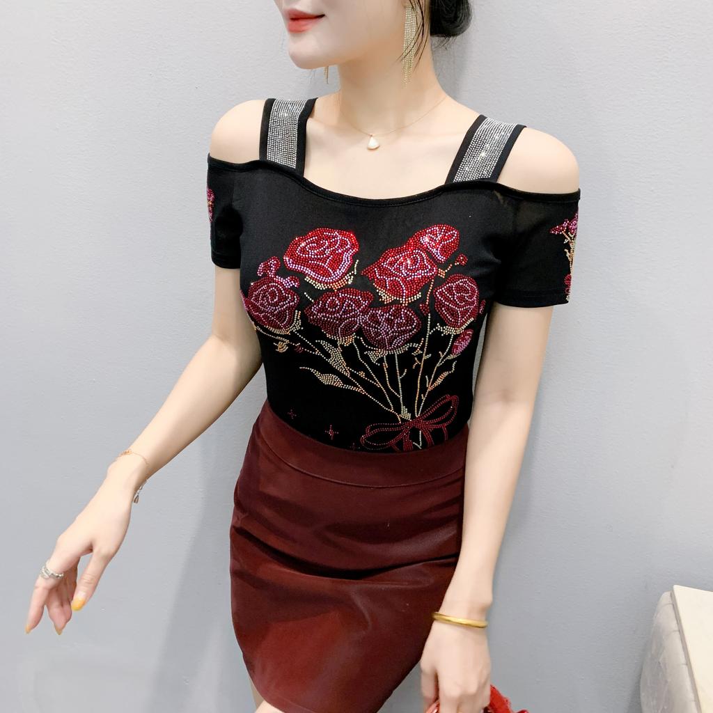 TrendHub Sexy Off Shoulder T Shirt for Women Luxury Flower Diamonds Short Sleeve Tee Summer Fashion Womens Mesh Tee Shirts Top