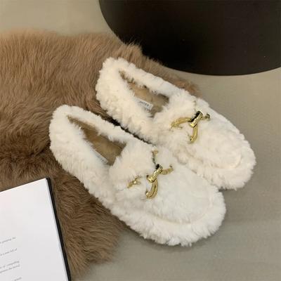New Fashion Luxury Lambswool Women Loafers Moccasins Femme Winter Cotton Shoes Warm Plush Shoes for Women Chain Ladies Shoe