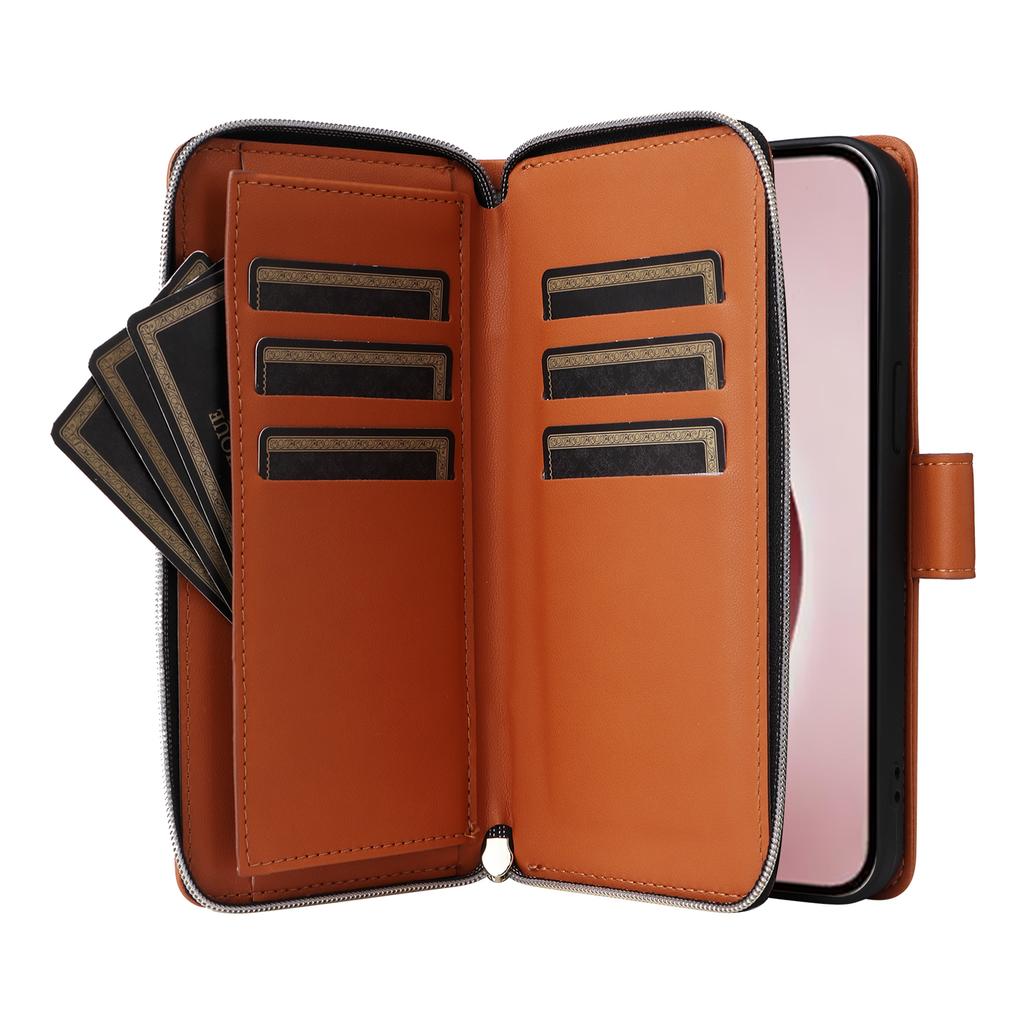R20 For iPhone 16 Pro Max Case Zipper PU Leather Phone Cover with 9 Card Slots