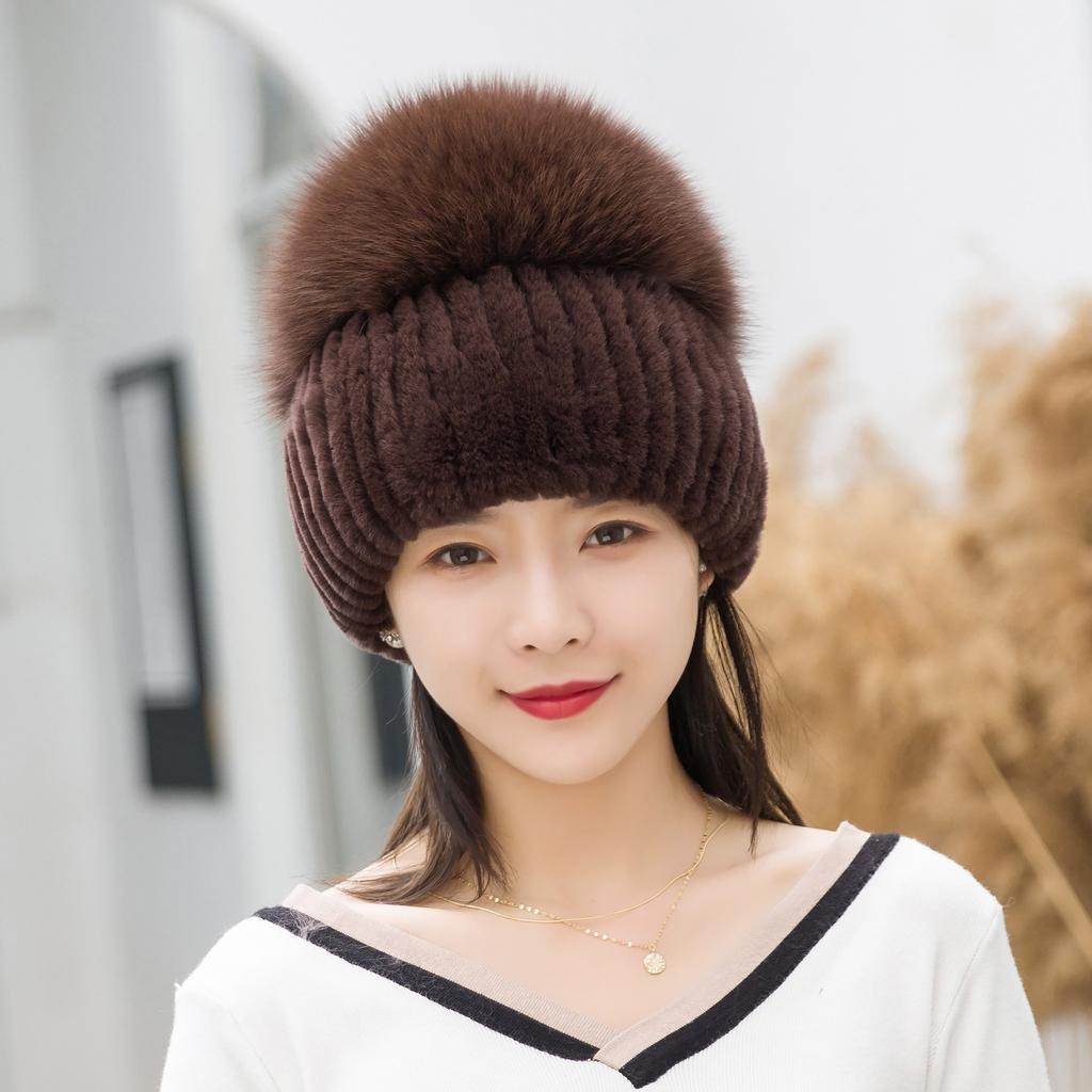 Women Winter Luxury Rabbit Fur Hat Knitted Rex Rabbit Fur Hat Top  Fox Fur Cap Genuine Fox Fur Beanies Hat