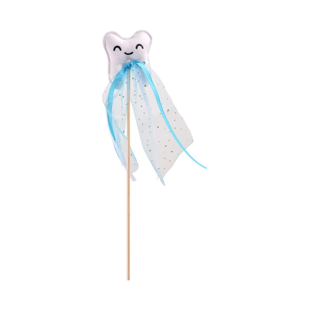 Tooth Fairy Wand with Smiling Tooth Design and Attached Ribbon Streamers on Wooden Stick for Themed Events and Decorations