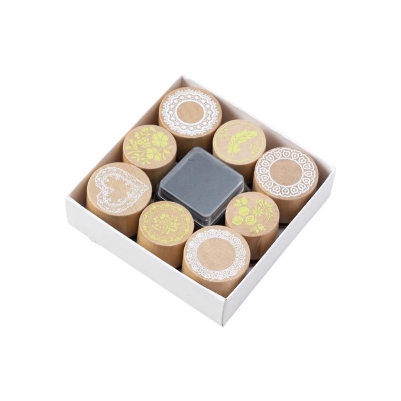 8Pcs Wood Craft Stamp Flower Stamper with Inkpad Scrapbooking Decorative Stamp for Scrapbooking Journal Planner Notebook