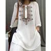 Women's Crew Neck Three Quarter Sleeve Ethnic Embroidery Mid Length Linen Tunic Top Loose Fit Casual Blouse