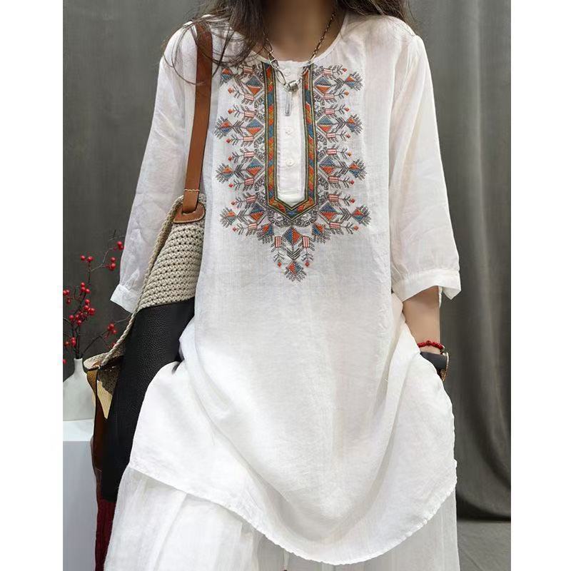Women's Crew Neck Three Quarter Sleeve Ethnic Embroidery Mid Length Linen Tunic Top Loose Fit Casual Blouse