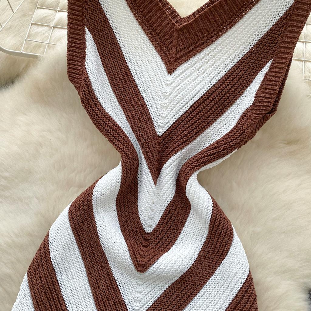 Summer Women Casual V-neck Sleeveless Knitted Tassel Striped Sweater Slim Bodycon Mini Short Sheath Dresses