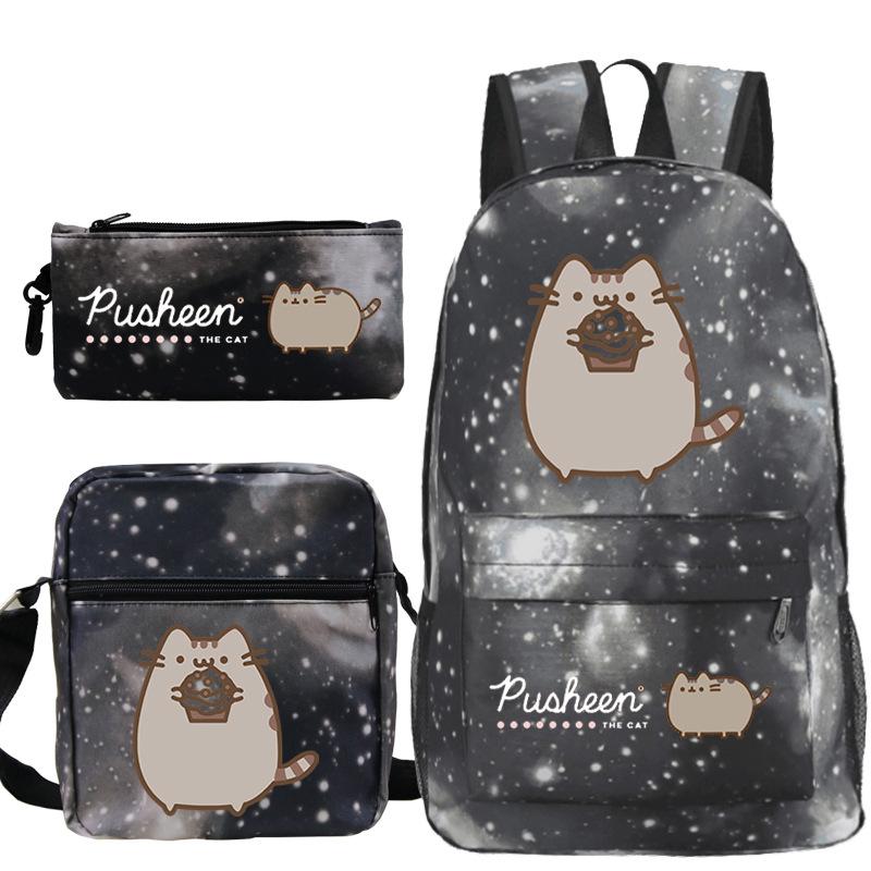 Pusheen fette Katze niedlicher Cartoon bedruckter Schulranzen grenzüberschreitende Studenten tragbare Umhängetasche Federmäppchen dreiteiliges Set