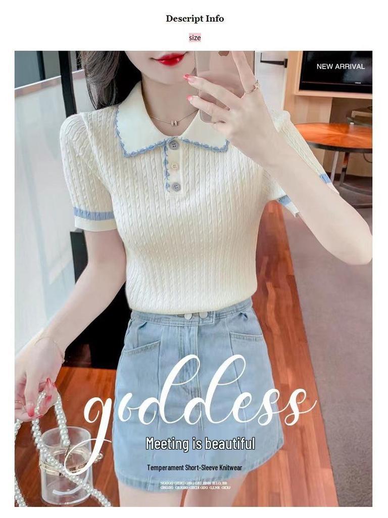 Women's Color Block Polo Collar Ice Silk Knit Top - Summer 2025 Edition
