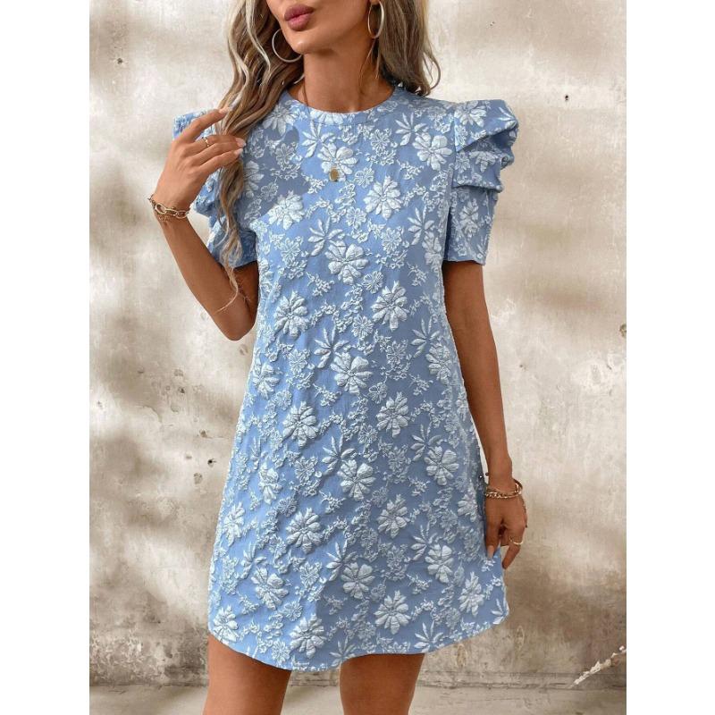 Women's Summer Puffed Sleeve Textured Jacquard Round Neck Vintage Style Dress