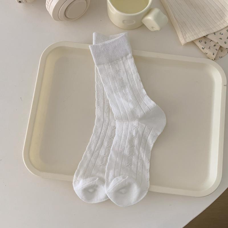 Korean Style Women Socks Cute Bow Lolita Sweet Girls Kawaii Middle Tube Socks Hollow Out Mesh Breathable Solid Color Long Socks