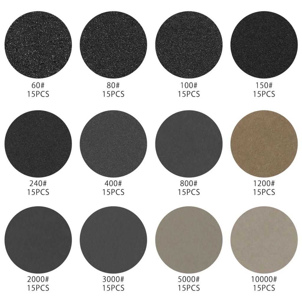 180Pcs 1/3 Inch Sanding Discs Polishing Sandpaper 60-10000 Grit Sanding Pads Car Quick Change Sanding Sheet Polishing Tools