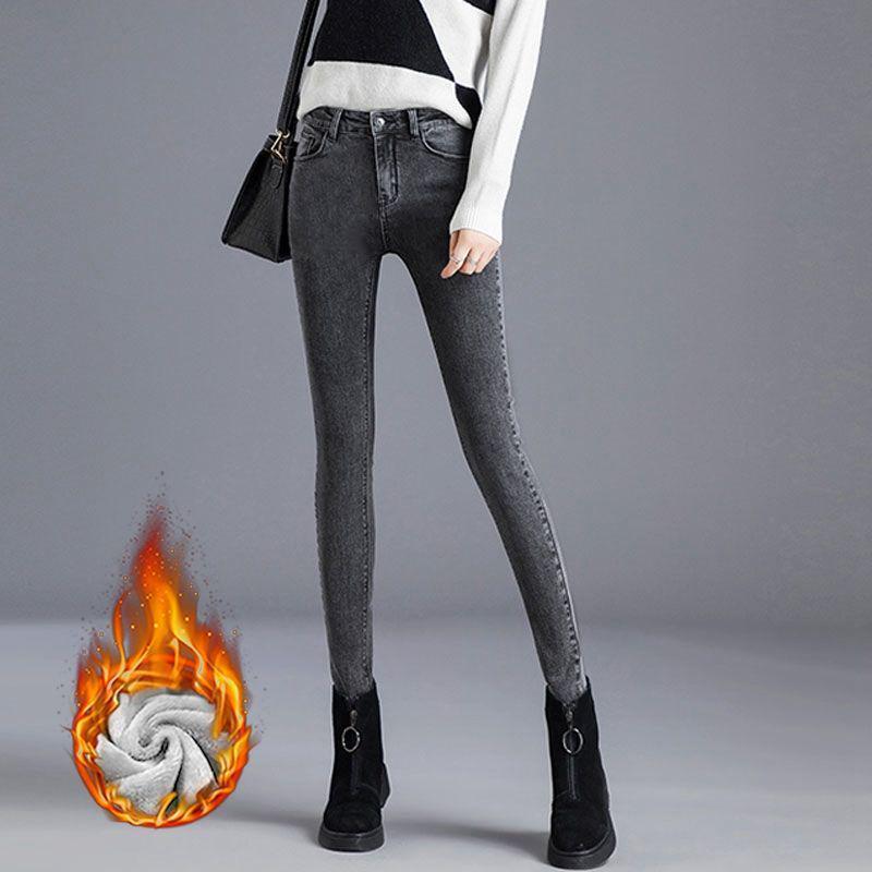 Elastic High Waist Plus Velvet Skinny Jeans for Women - Korean Style Warm Pencil Pants