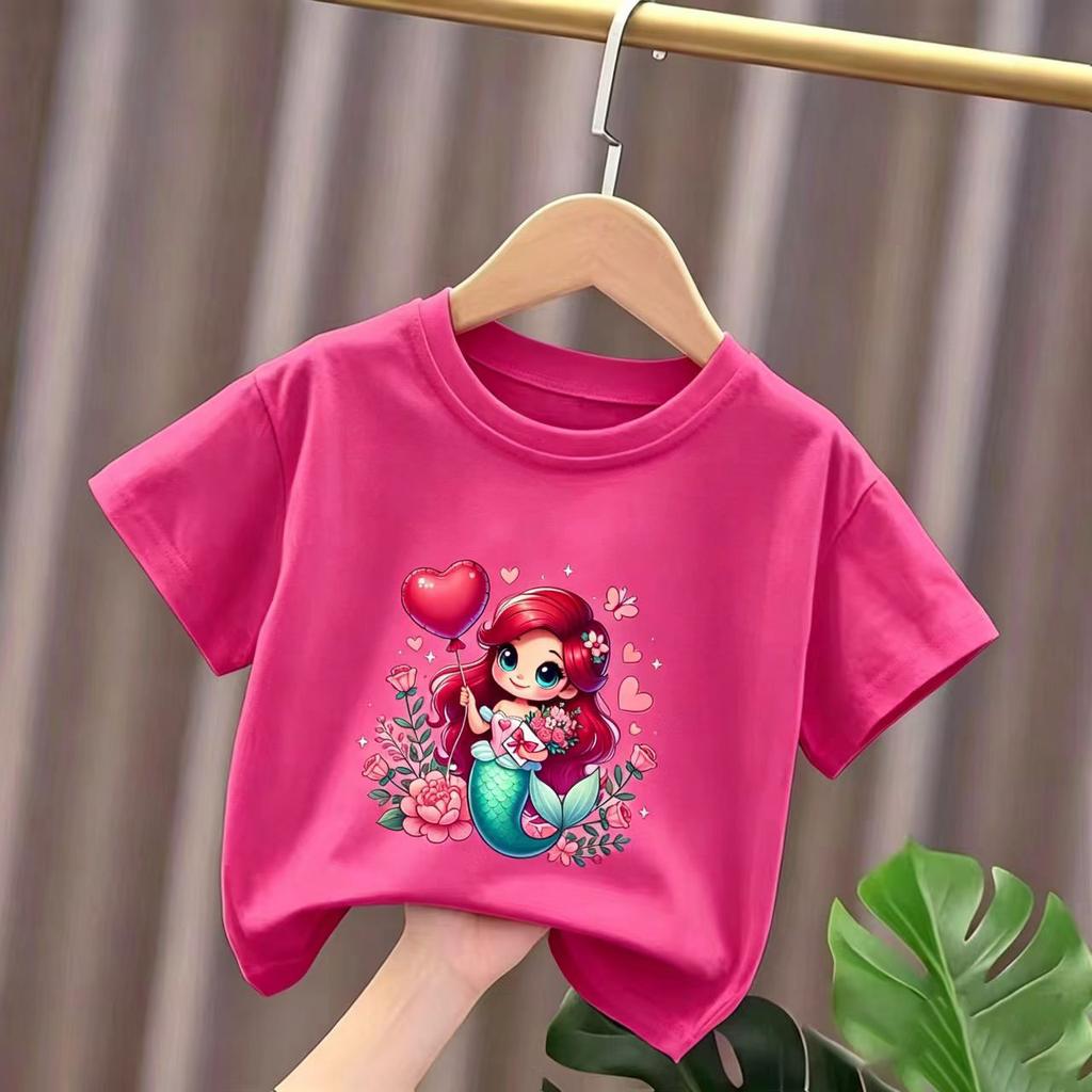 Summer Girls ShortSleeved Cartoon Mermaid Print Pure Cotton Breathable Girls Casual TShirt 2026 New Style Summer Clothing