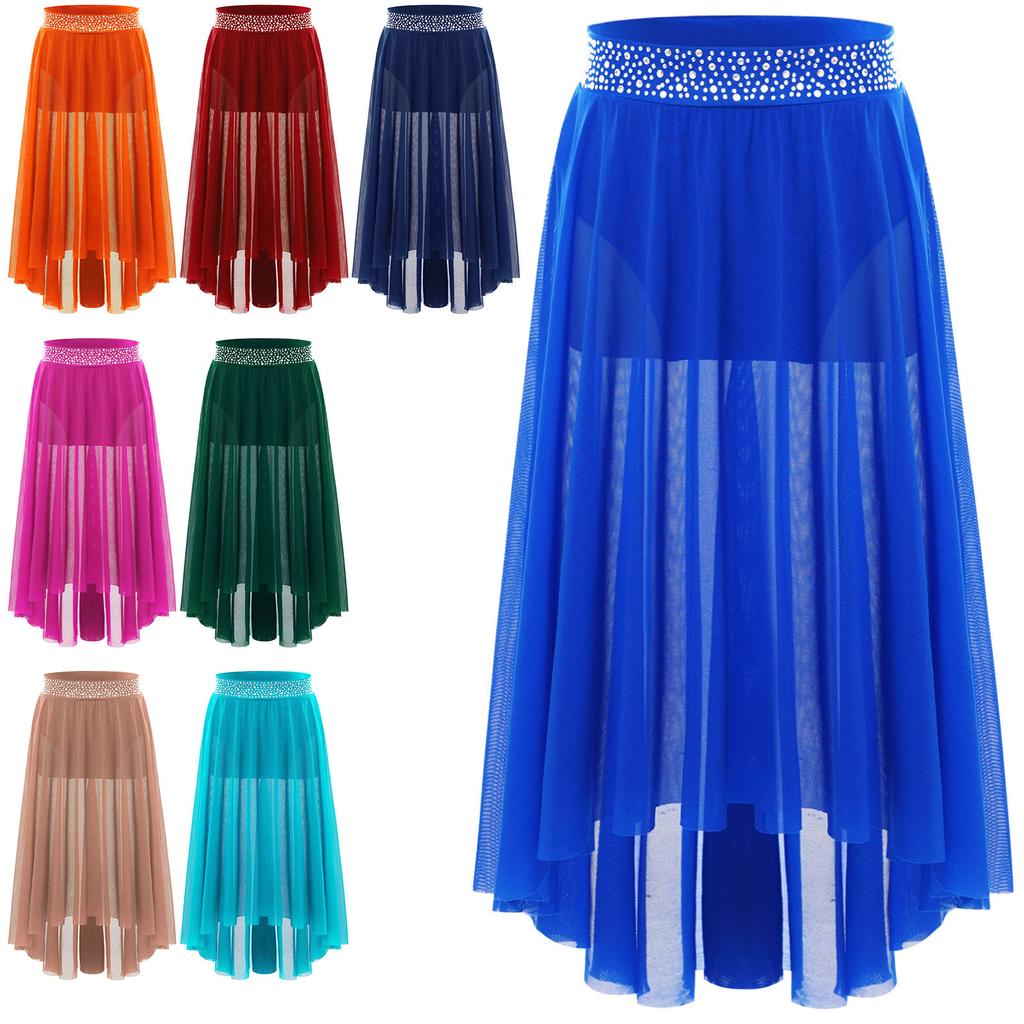 Girls Lyrical Contemporary Modern Dance Skirts Shiny Rhinestones Waistband Side Slit High Low Irregular Mesh Skirt Performance Costume
