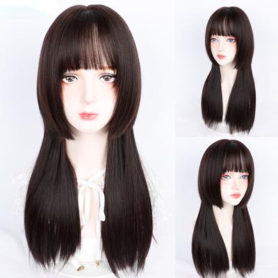24 Inch Long Straight Bangs Wig Fiber Synthetic Wig Heat-resistant Non-Glare Natural Cosplay Hairpiece For Women Daily Use Korean Fashion