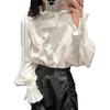 2025 Women's French Retro Ruffle Stand Collar White Long Sleeve Shirt