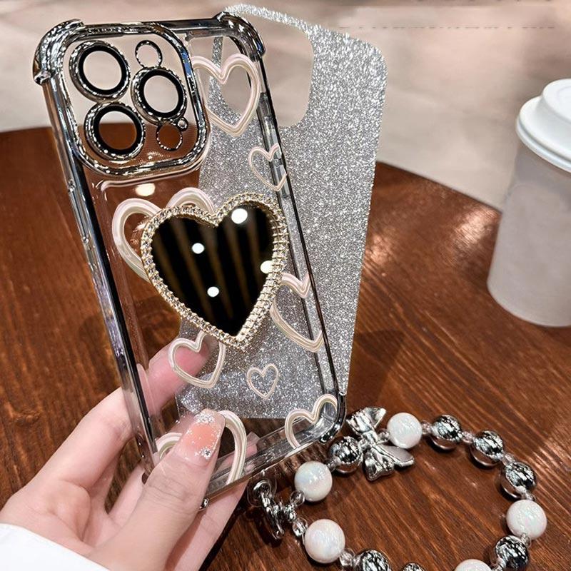 Airbag Wrist Strap Glitter Love Heart Mirror Phone Case For Vivo Y21 Y21S Y21T Y22 Y22T Y27 Y27S Y33S 2021 2022 2023 4G 5G Cover