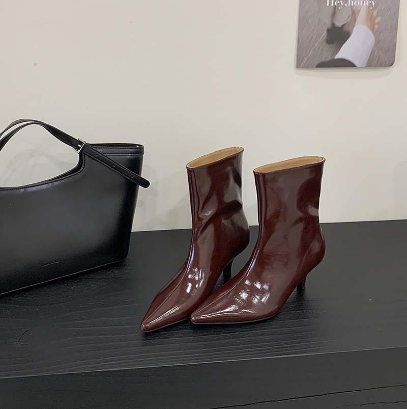 2025 autumn and winter new European and American fine heel middle heel fashion pointed short boots wide boots solid color boots