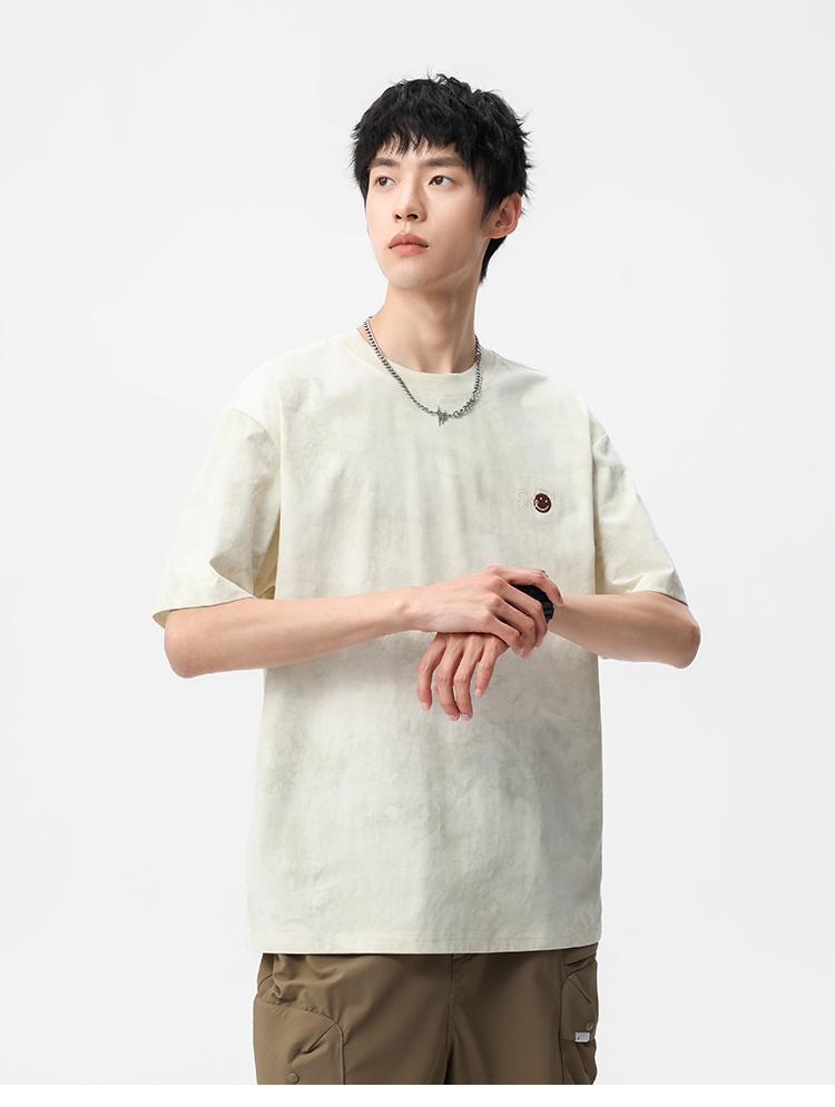 Heavy Duty Retro Wax Dyed Embroidered Short Sleeved T-shirt for Men's Summer Loose Half Sleeved Base Shirt