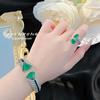 Luxurious Art Deco Women's Emerald Cotton Ring and Colombian Muzo Green Crackle Bracelet
