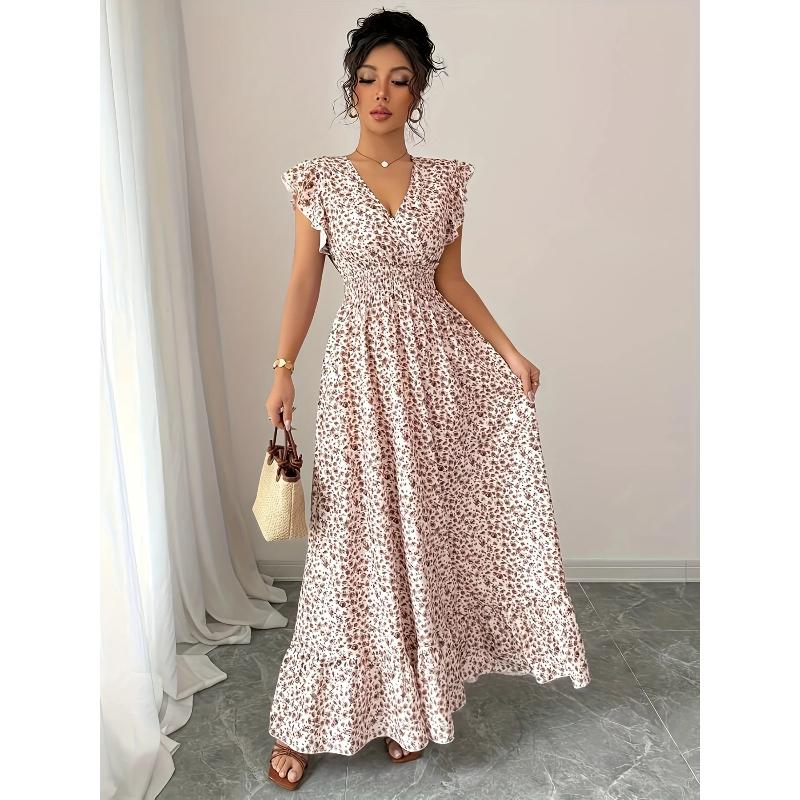 Ladies Floral Print Miniature Sleeve Waist-Cinching Maxi Hem Vacation Dress Elegant Sexy Commute Appropriate
